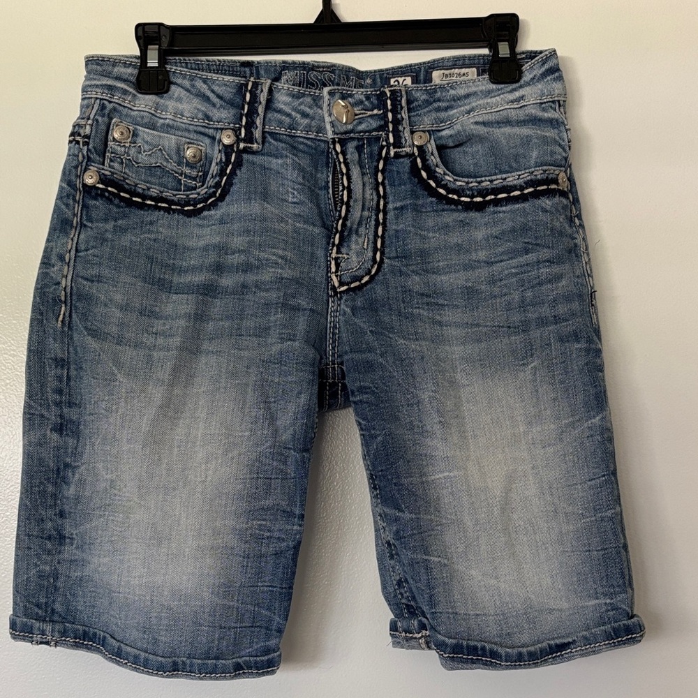 Miss Me Blue Denim Shorts with Embellished Pockets